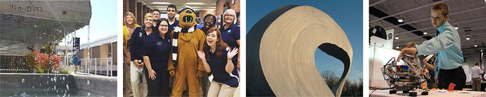 Collage of 4 photos of students and campus landmarks