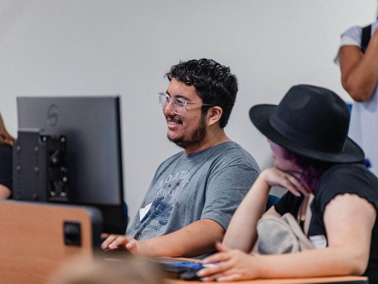 Student using computer on campus